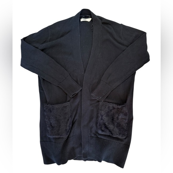 UGG Black Open Front Cardigan with Faux Fur Pockets | Size XS - Picture 4 of 6